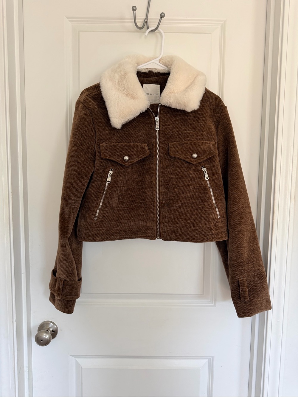 Avec Les Filles Brown Cropped Jacket with Cream Faux-Fur Collar